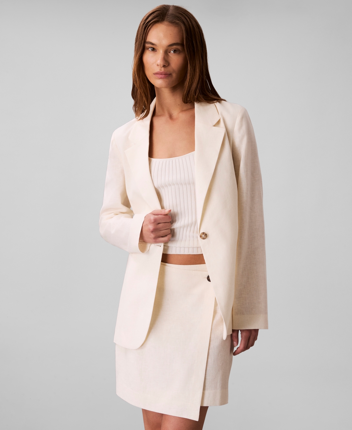 Women's Linen Blend One-Button Blazer - Antique White