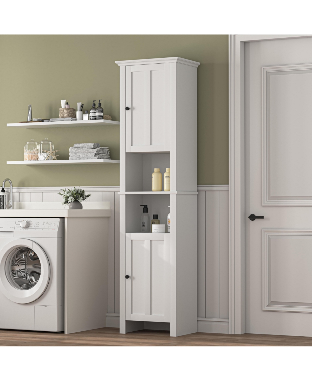 Bathroom Floor Storage Cabinet with 2 Doors, Multi-Shelf Wooden Cabinet for Living Room & Bathroom - White