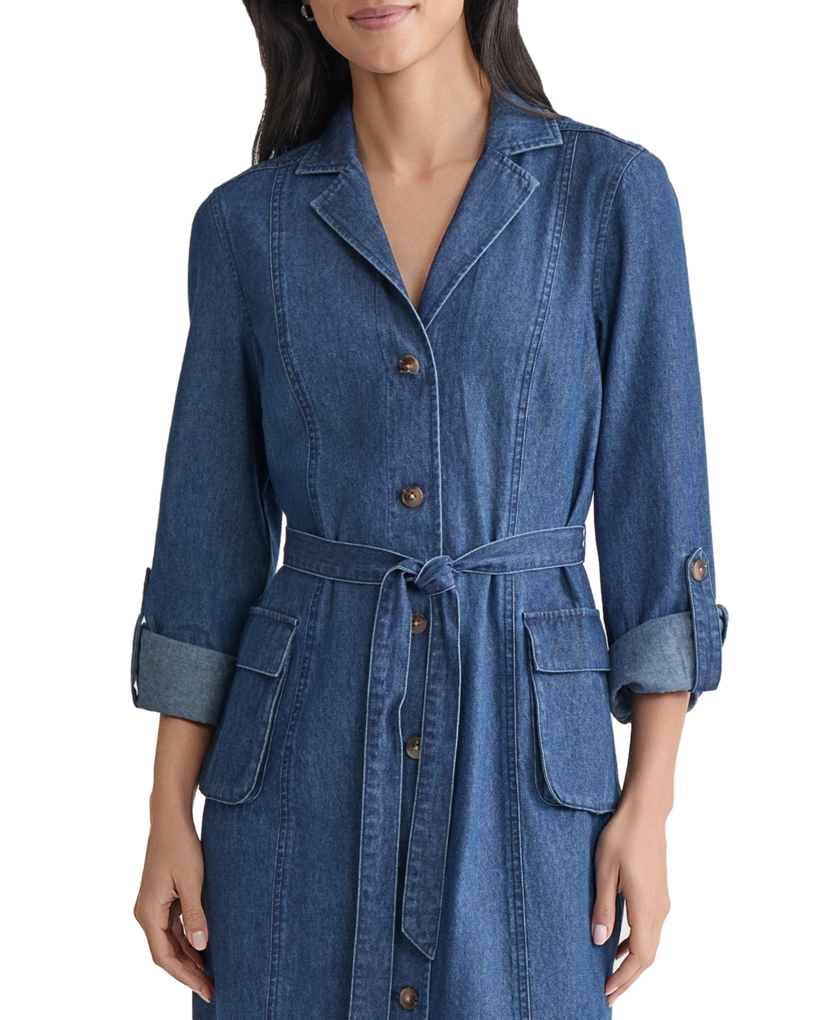 Jones New York Women's Belted Button-down Cotton Collared Denim Dress In Blue