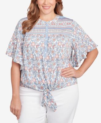 Plus Size Vintage Floral Tie Front Henley Top