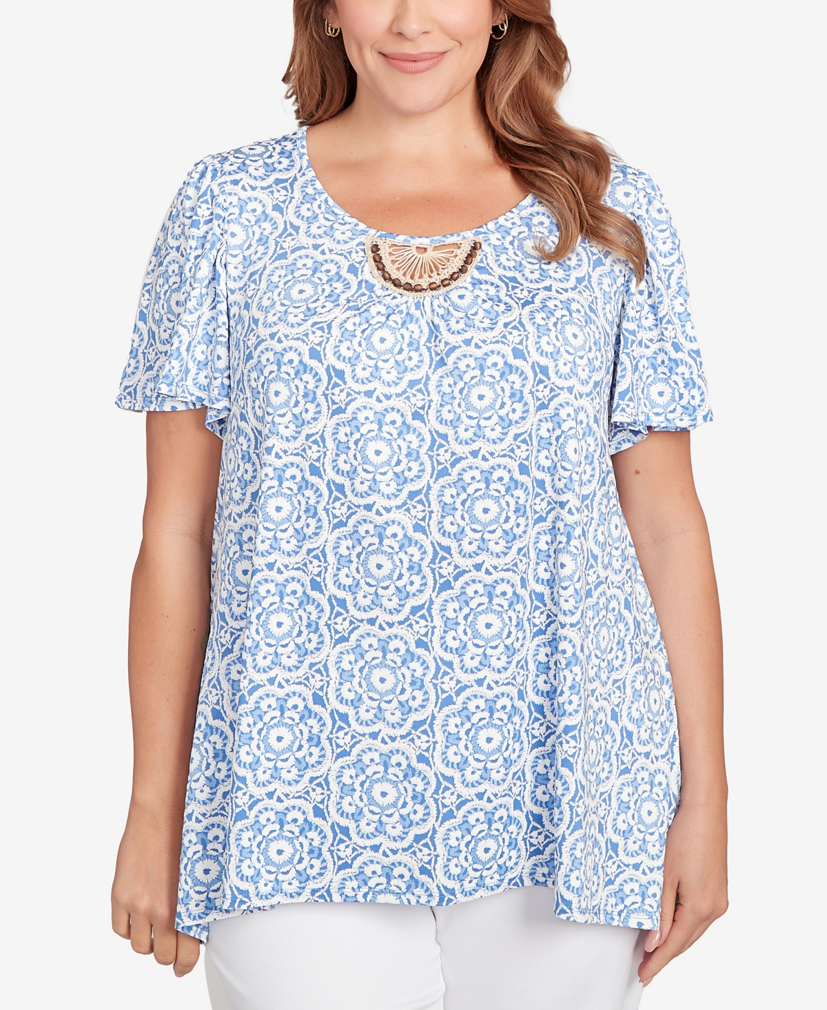 Plus Size Beaded Macrame Puff Print Top - Jute Multi