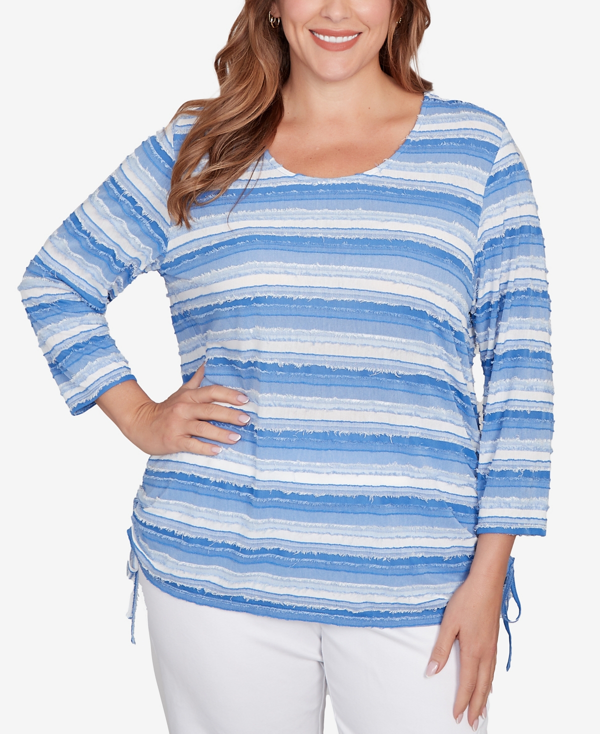 Plus Size Textured Stripe Drawstring Top - Jute Multi
