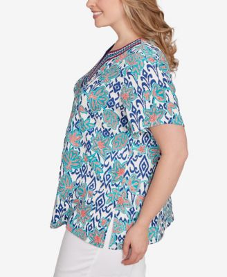 Plus Size Floral Overlay Ikat Embroidered Top