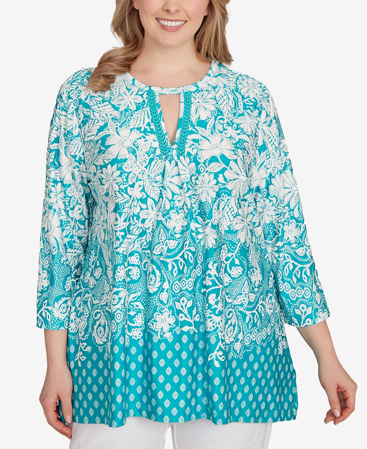 Ruby Rd. Plus Ibiza Ombre Floral Puff Print Top