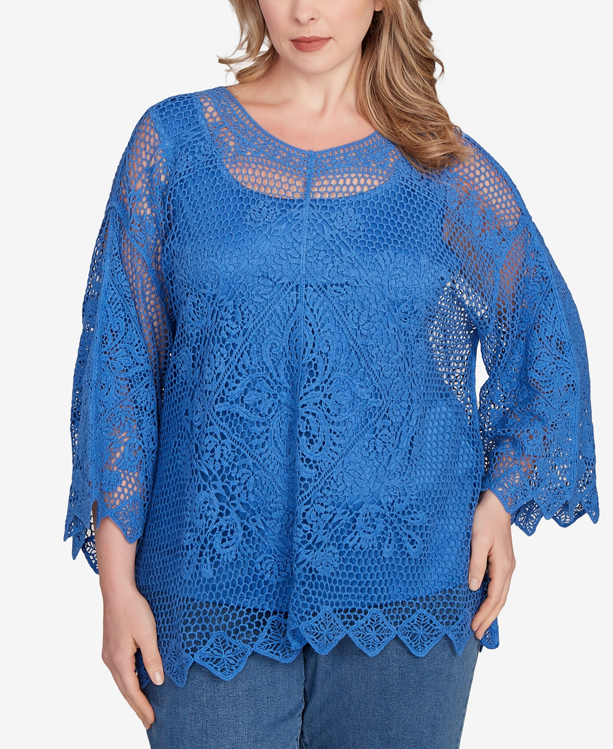 Plus Size Lined Medallion Crochet Top - Ultramarine