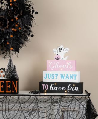 11.75" Halloween Lighted Pink Wooden Ghost Block Word Sign