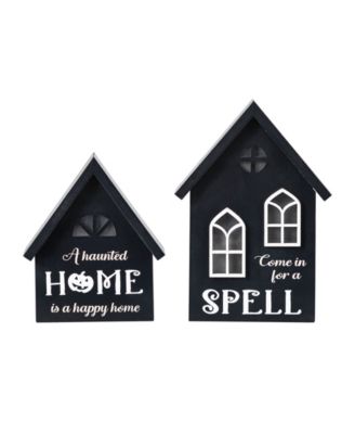 Lighted Halloween Wooden House-shaped Table Decor, Set of 2
