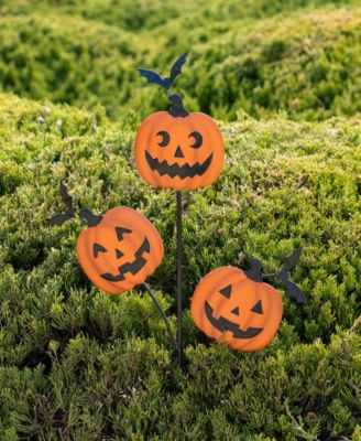 39.5" Halloween Metal Triple Pumpkin with Spring Bats Yard Stake