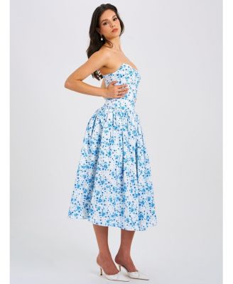 Women's Paloma Blue Print Linen Corset Draping Top Midi Dress