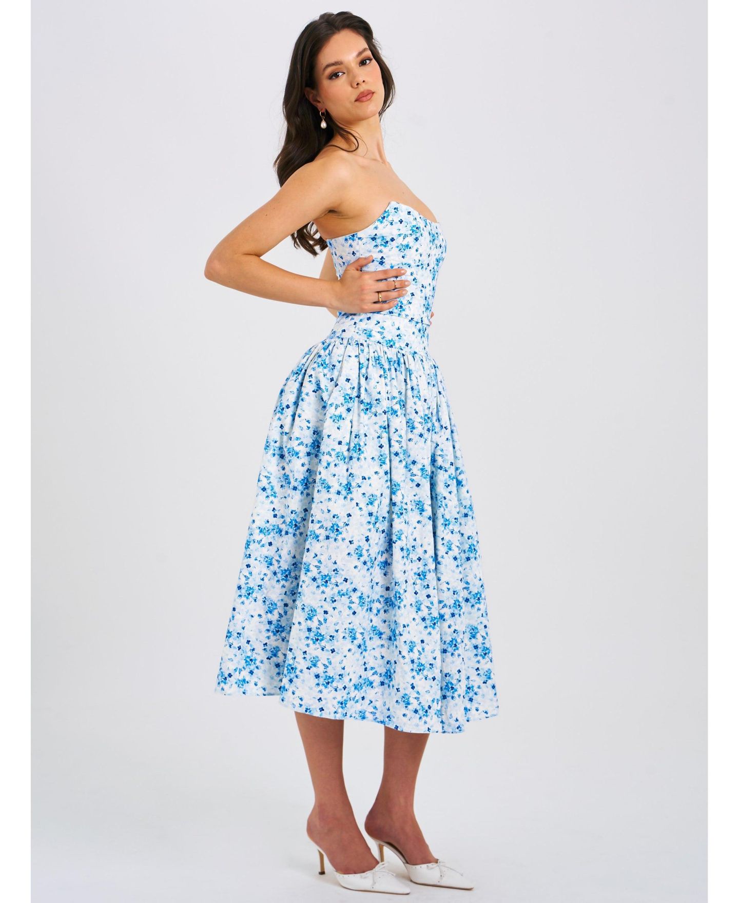 Женское платье Miss Circle Paloma Blue Print Linen Corset Draping Top Midi, цвет: Синий с принтом — фото 8