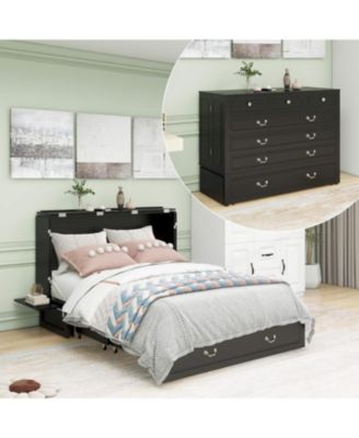 Murphy Bed Cabinet, Queen Murphy Bed with USB and Charging Ports, with Drawer Includes Storage Cabinet Suit for Guest Room, Black Walnut Cabinet Bed