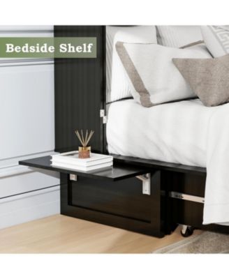 Black queen Murphy bed with 2 drawers, 2 shelves, 2 USB ports, and 2 charging ports. Ideal for guest rooms and home offices