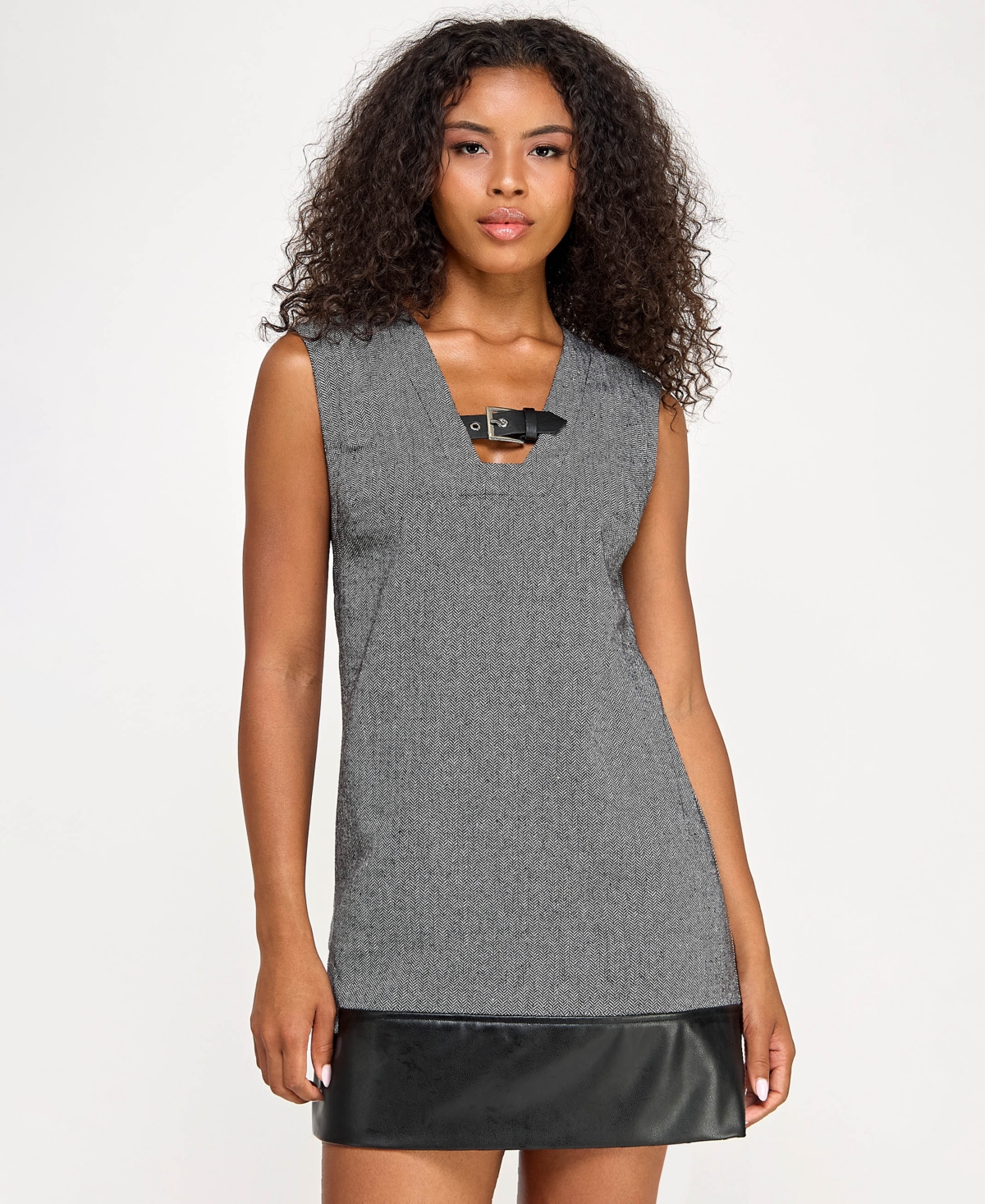 Juniors' Faux Leather Trim A-Line Dress - Gray