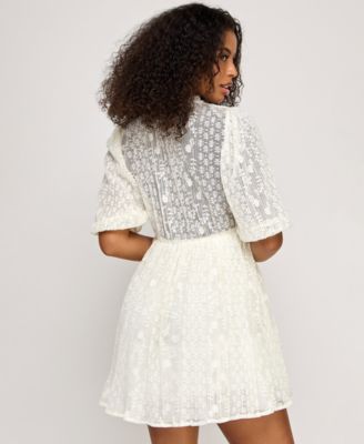 Juniors' Ruffled V-Neck Lace Dress