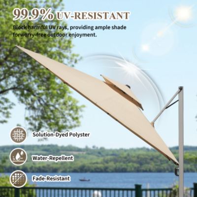 10x10ft Square Cantilever Umbrella with Center Pole 360 Rotation 5 Position Tilt Hydraulic Opening Beige