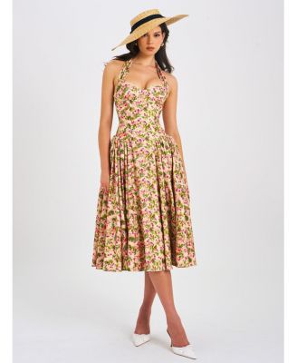 Women Niya Floral Print Linen Halter Corset Maxi Dress