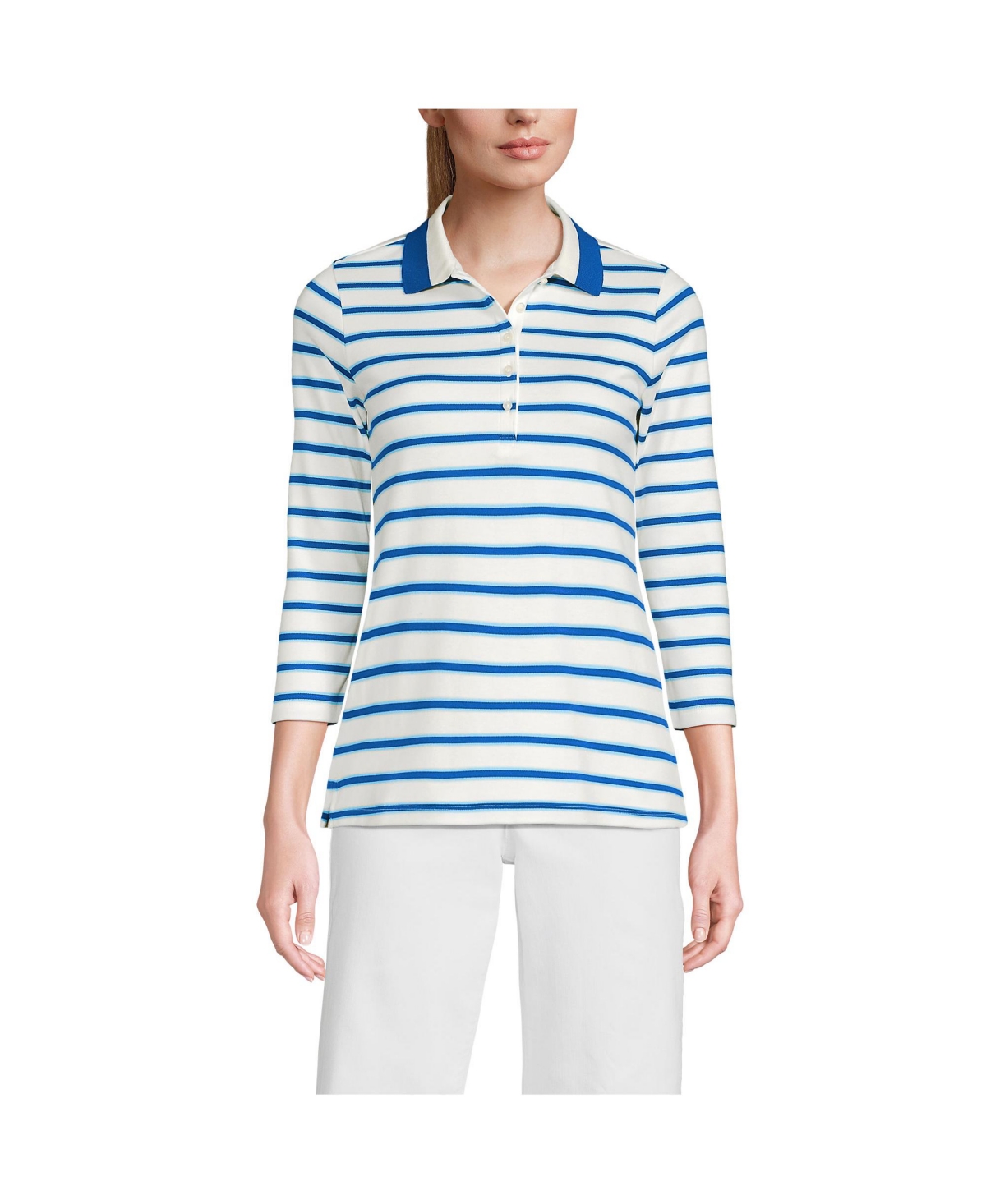 Women's 3/4 Sleeve Supima Cotton Polo Shirt - Sapphire gem stripe/tipped