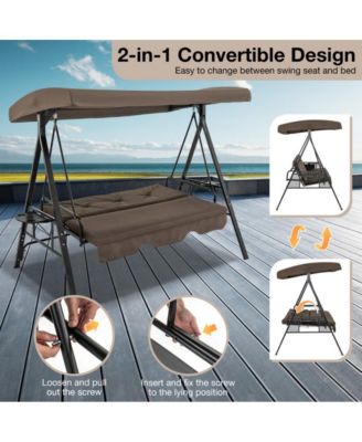 Convertible 3-Seat Patio Porch Swing Chair to Flat Bed with Adjustable Canopy
