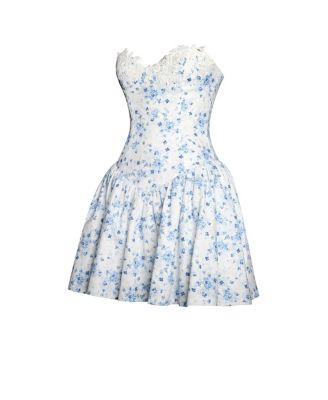 Women's Taleah Blue Floral Print Linen Mini Dress with Lace Trim