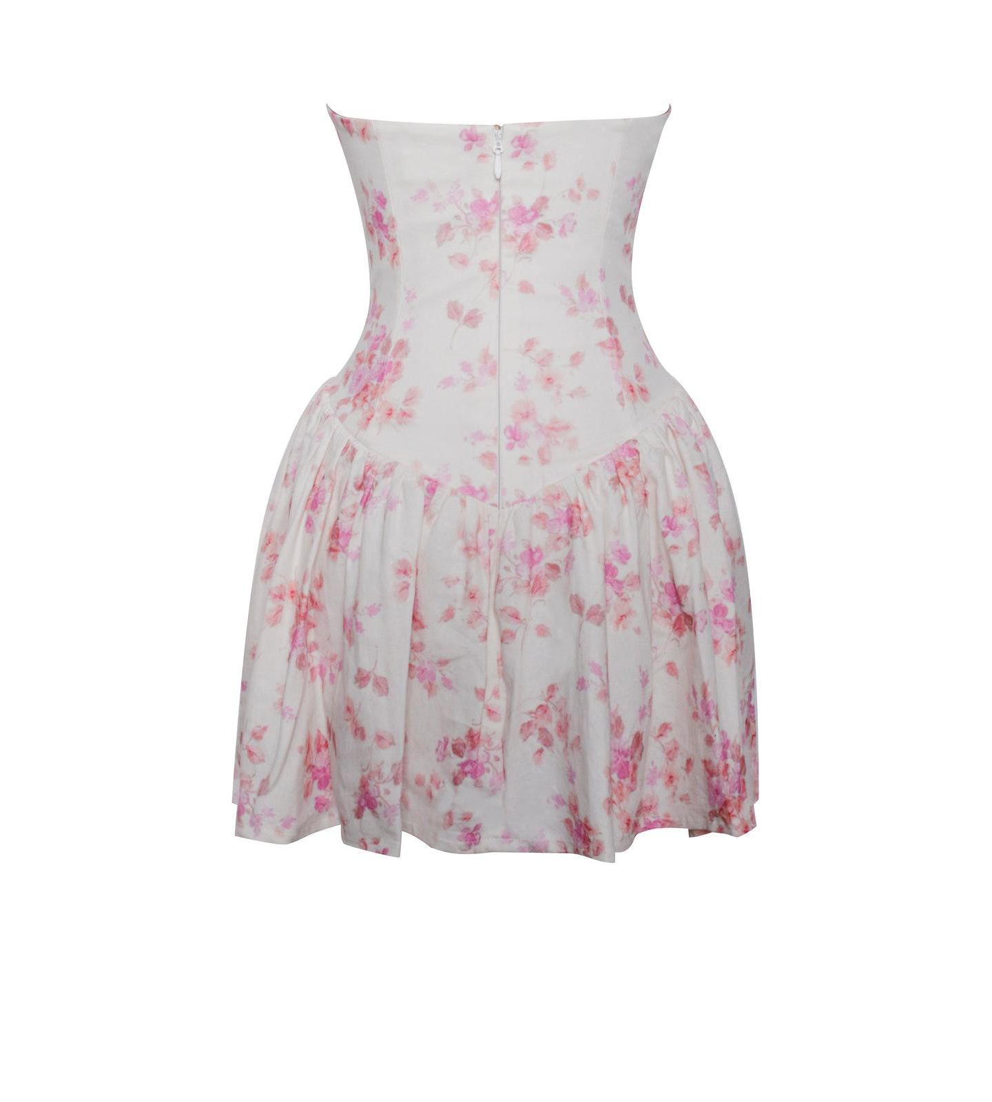 Женское платье Miss Circle Samara Floral Drop Waist Linen Corset Puffy Mini, цвет: Розовый с принтом — фото 10