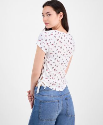 Juniors' Printed Ribbon-Side Short-Sleeve Tee