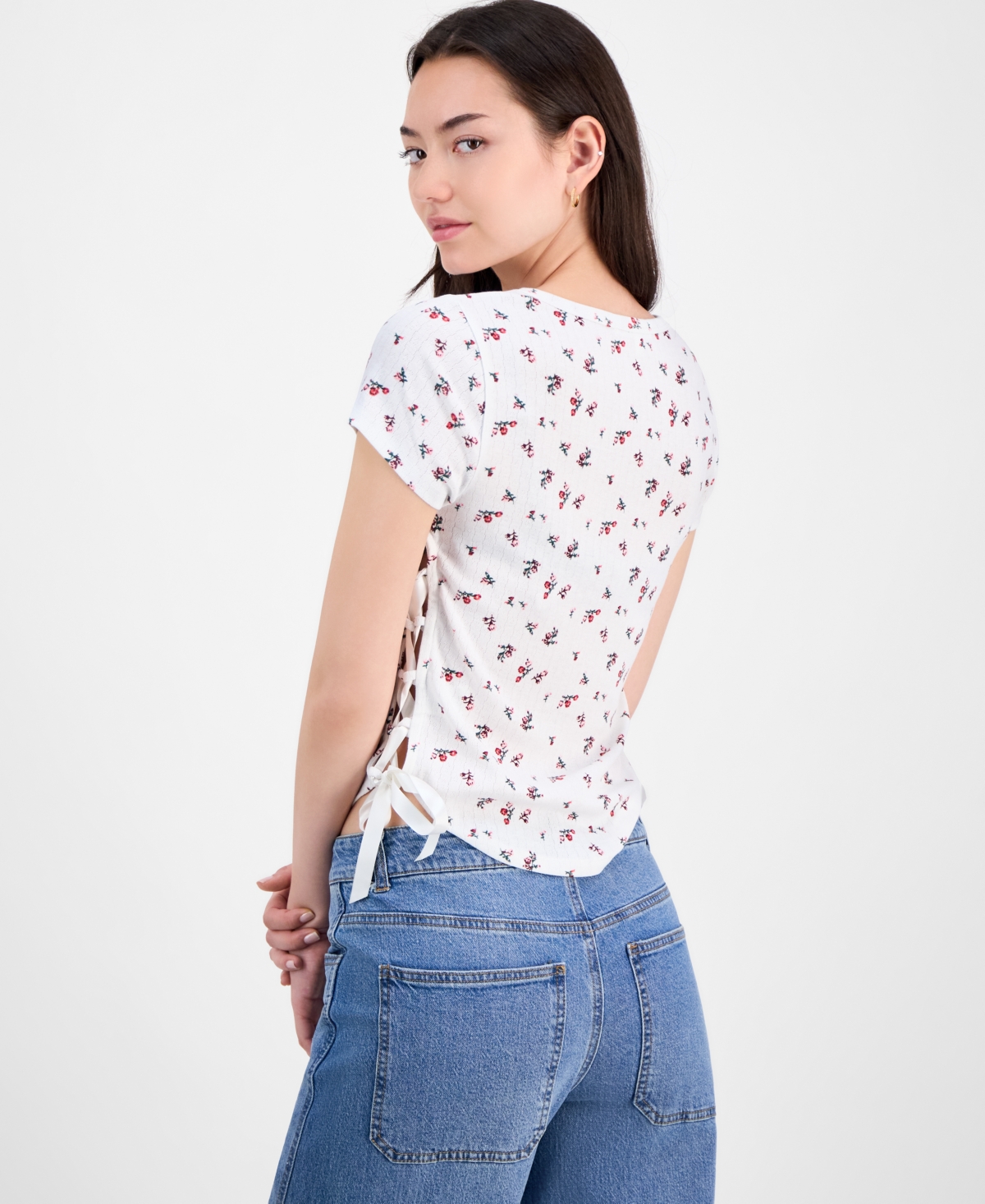 Rebellious One Juniors' Printed Ribbon-Side Short-Sleeve Tee