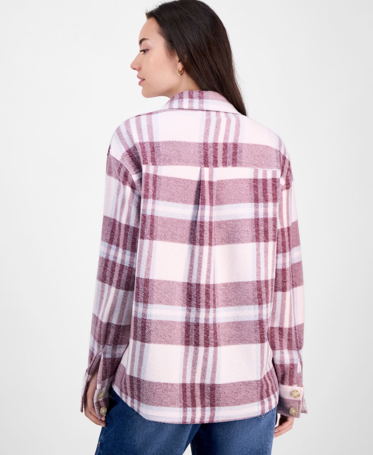 Just Polly Juniors' Plaid Button-front Shacket In Purple