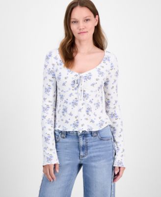 Self Esteem - Juniors' Printed Tie-Neck Rib-Knit Top