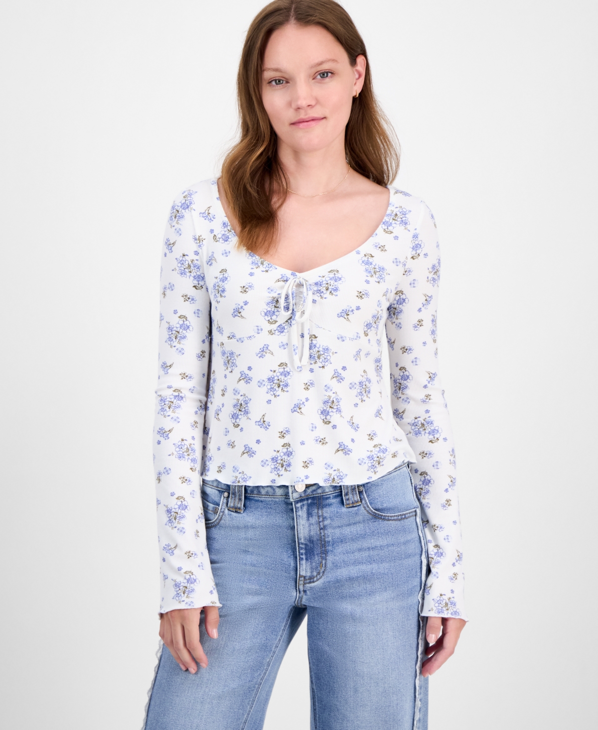 Self Esteem Self-esteem Juniors' Printed V-neck Rib Knit Long Sleeve In White