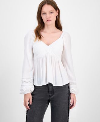 Juniors' Ruched V-Neck Lace-Inset Blouse