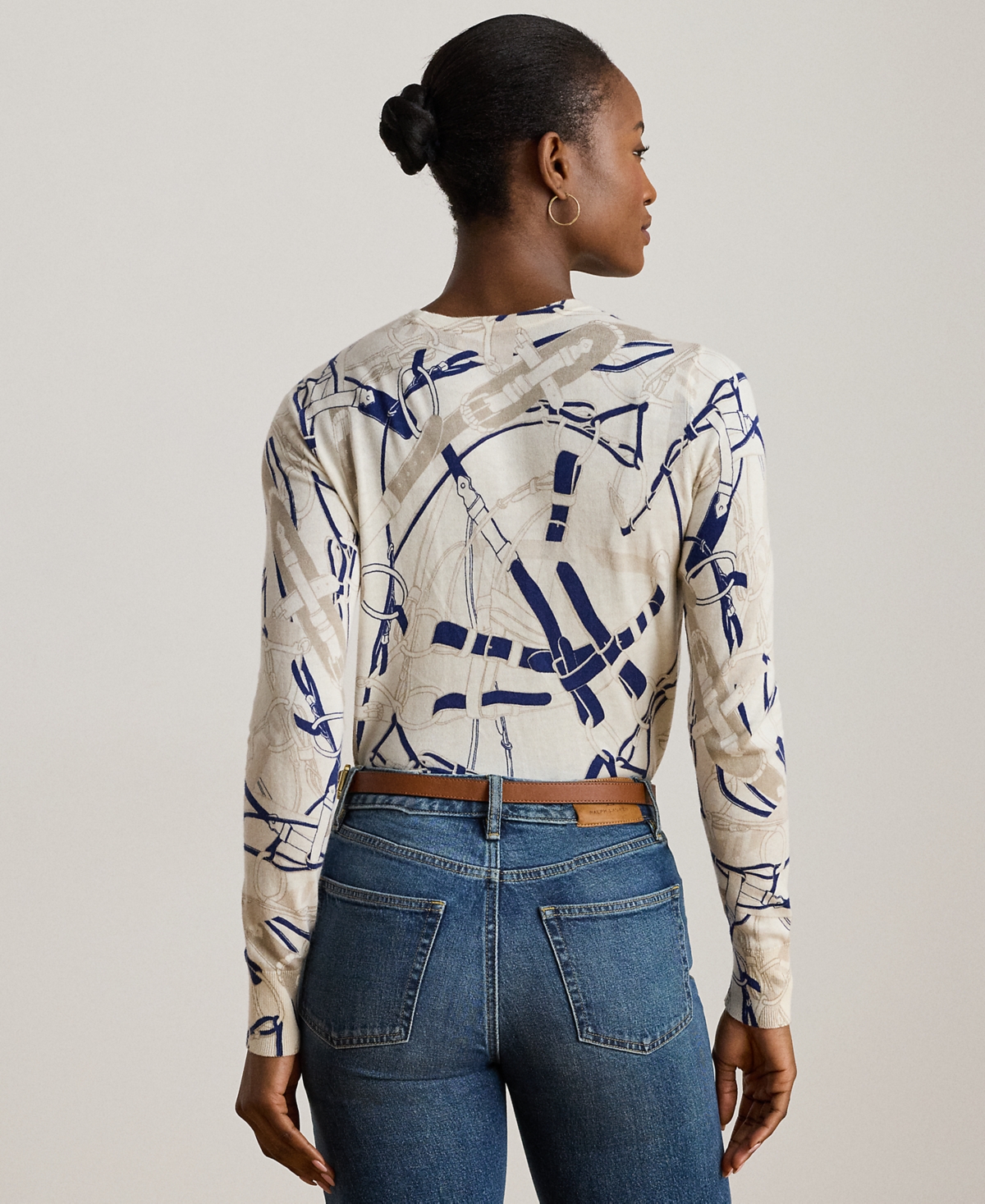 Ralph Lauren Womens Belting Print Cotton Blend Sweater P Xs Xxl In White
