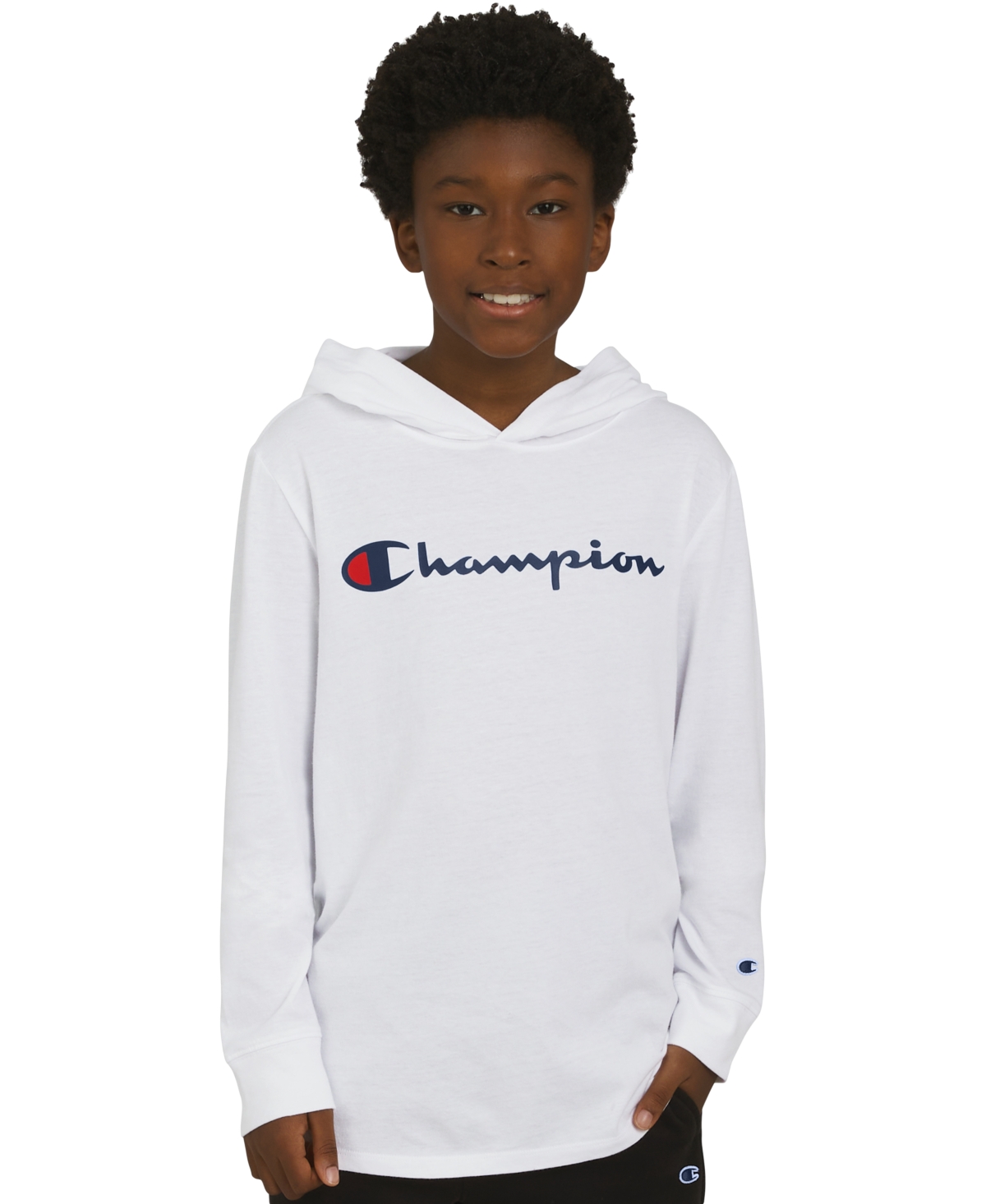 Champion Big Boys Signature Logo Long-sleeve Hooded T-shirt In White