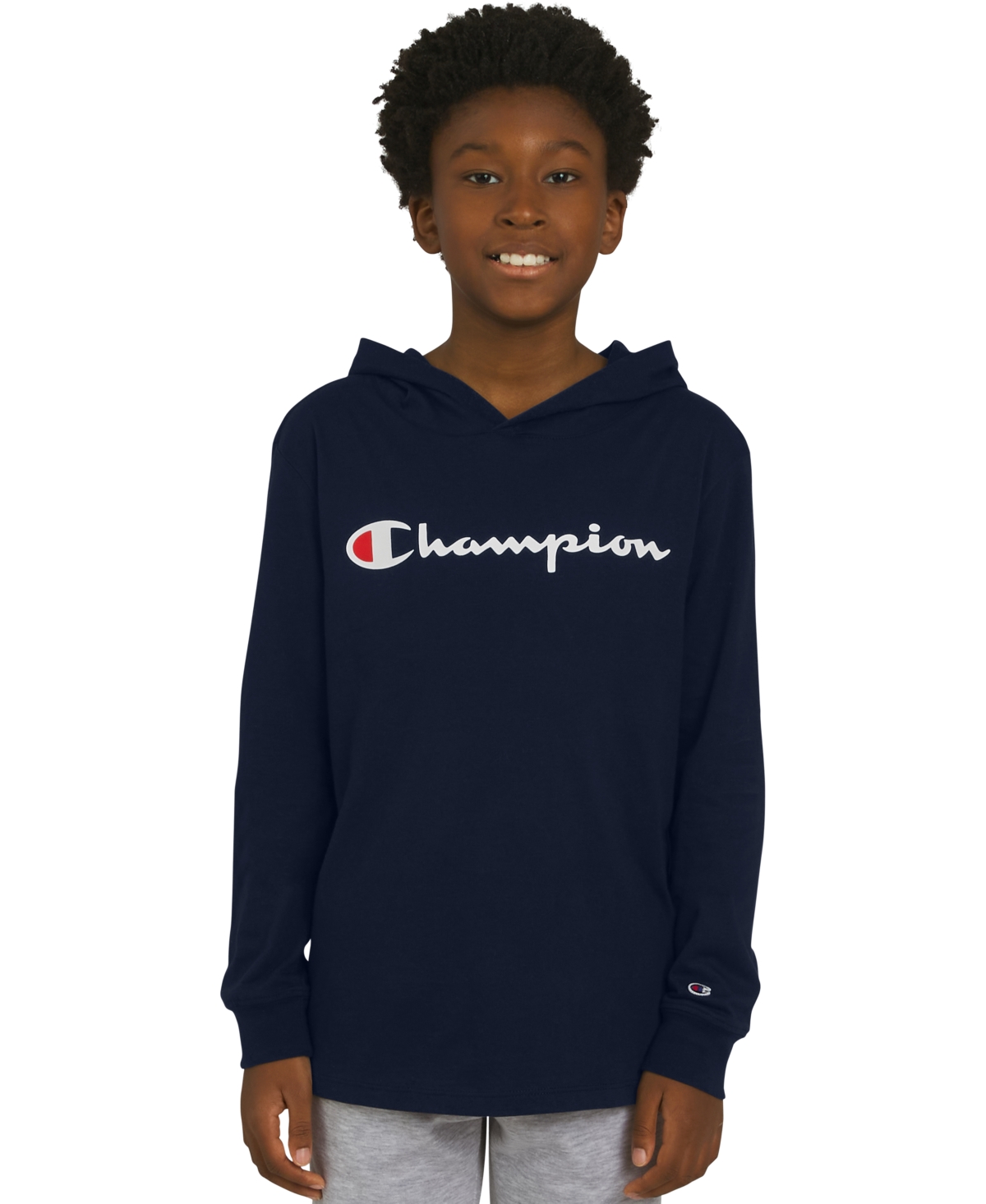 Champion Big Boys Signature Logo Long-sleeve Hooded T-shirt In Blue