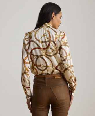 Petite Classic-Fit Print Twill Tie-Neck Shirt