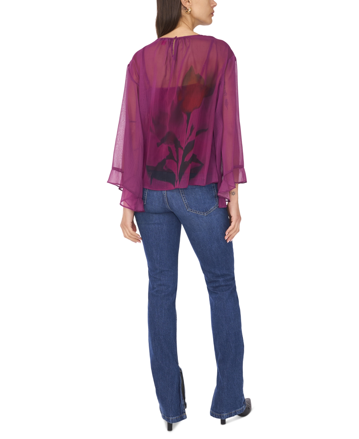 Vince Camuto Floral Flutter Bell Sleeve Top In Purple
