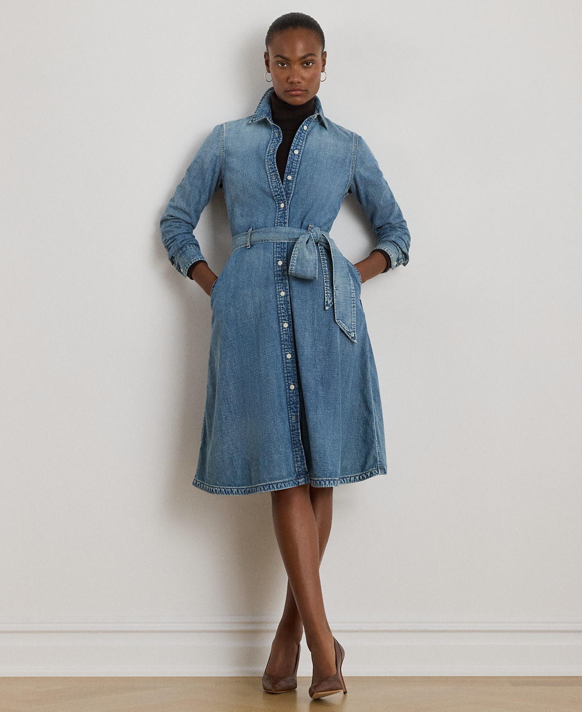 Ralph Lauren Petite Belted Denim Shirtdress In Blue