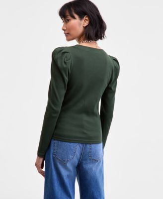 Women's Puff-Shoulder Long-Sleeve Henley T-Shirt, Macy's Exclusive