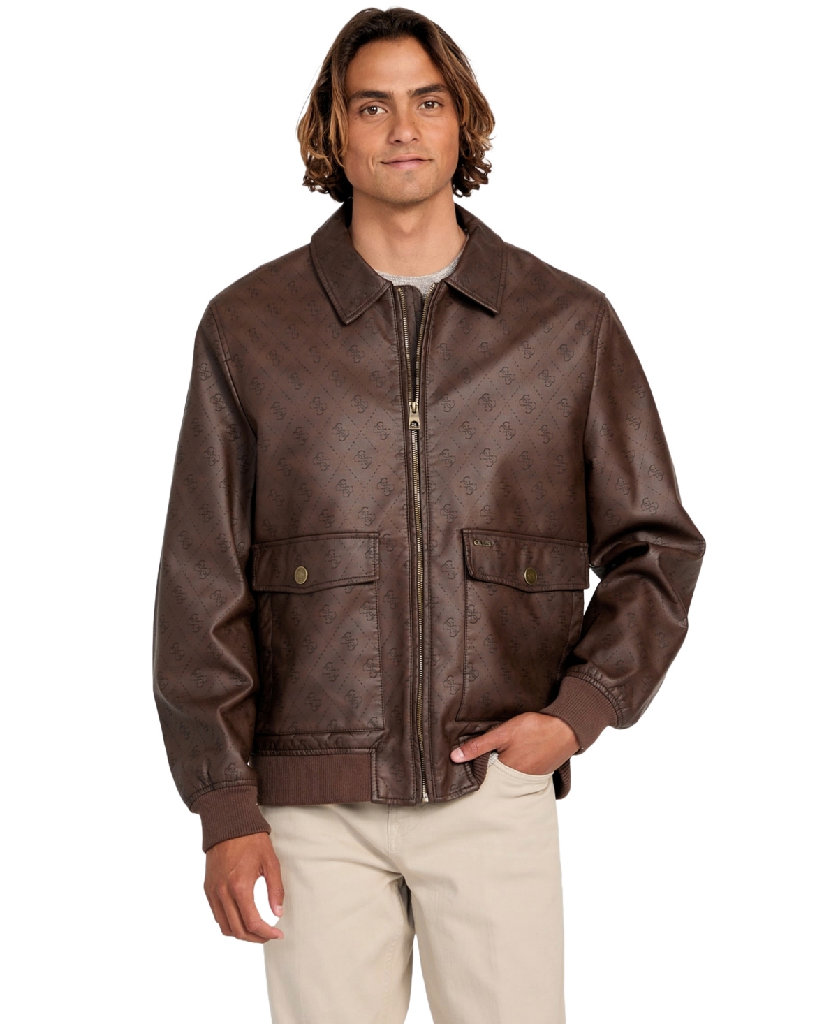 Guess Men's Monogram Aviator Jacket In Brown