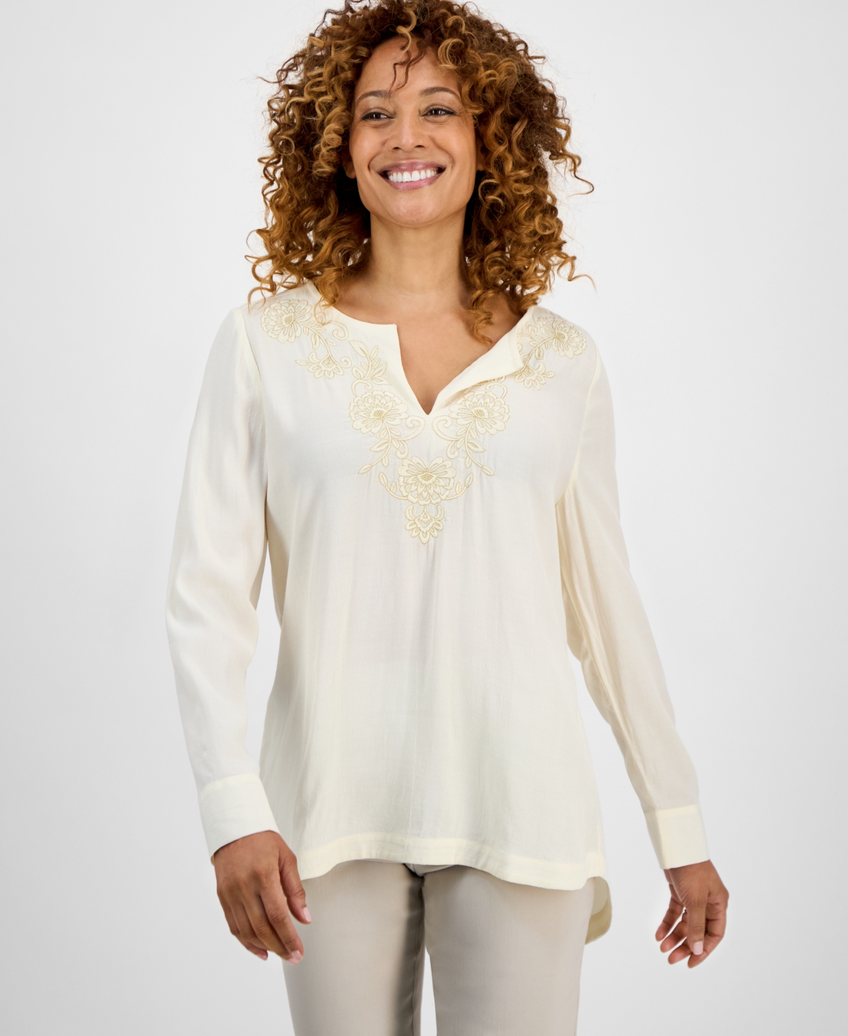 Jm Collection Women's Shine Embroidered Tunic Top In White