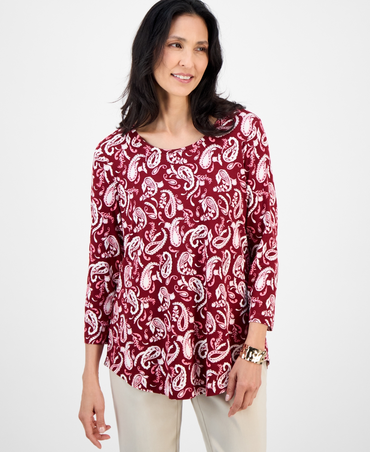 Jm Collection Petite Paisley Print Scoop-Neck 3/4-Sleeve T-Shirt, Macy's Exclusive