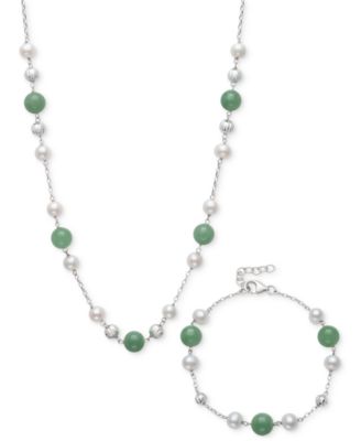 Macy's - 2-Pc. Set Dyed Green Jade & Cultured Freshwater Pearl (6-7mm) Collar Necklace & Bracelet in Sterling Silver