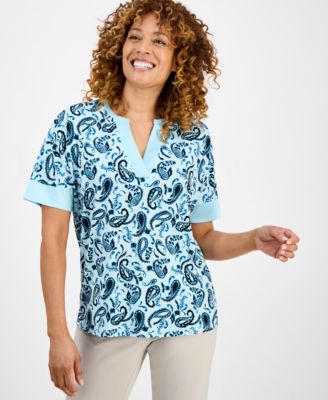 Women's Printed Short-Sleeve Satin-Trim Top