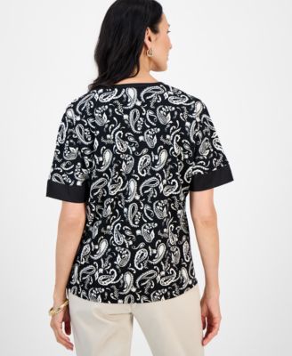 Women's Printed Short-Sleeve Satin-Trim Top, Exclusively at Macy's