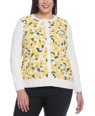 Plus Size Lemon Print Woven Front Long Sleeve Cardigan Sweater