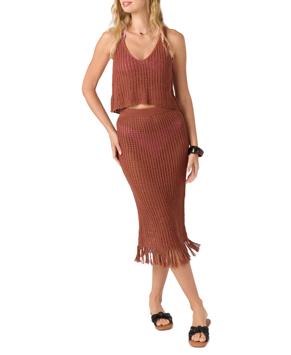 O'neill Juniors' Cropped Crochet Tank Top Cover-up In Brown
