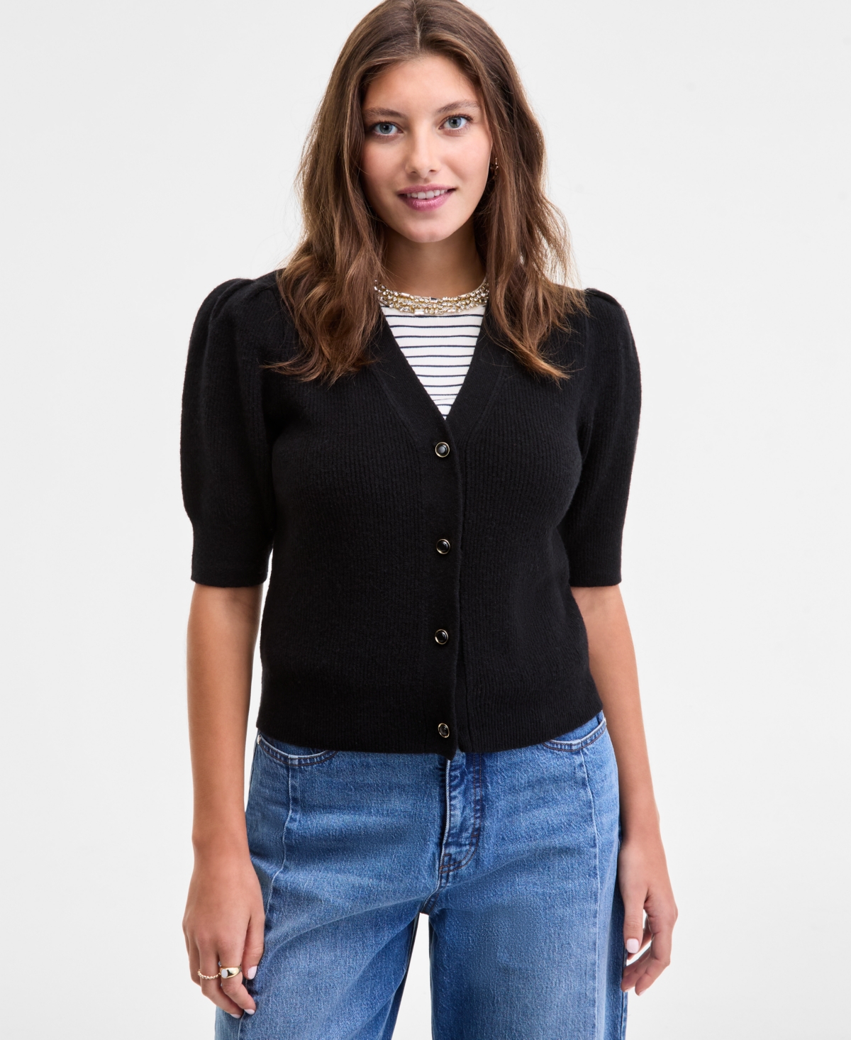 On 34th Women's Puff-sleeve V-neck Cardigan, Macy's Exclusive In Black