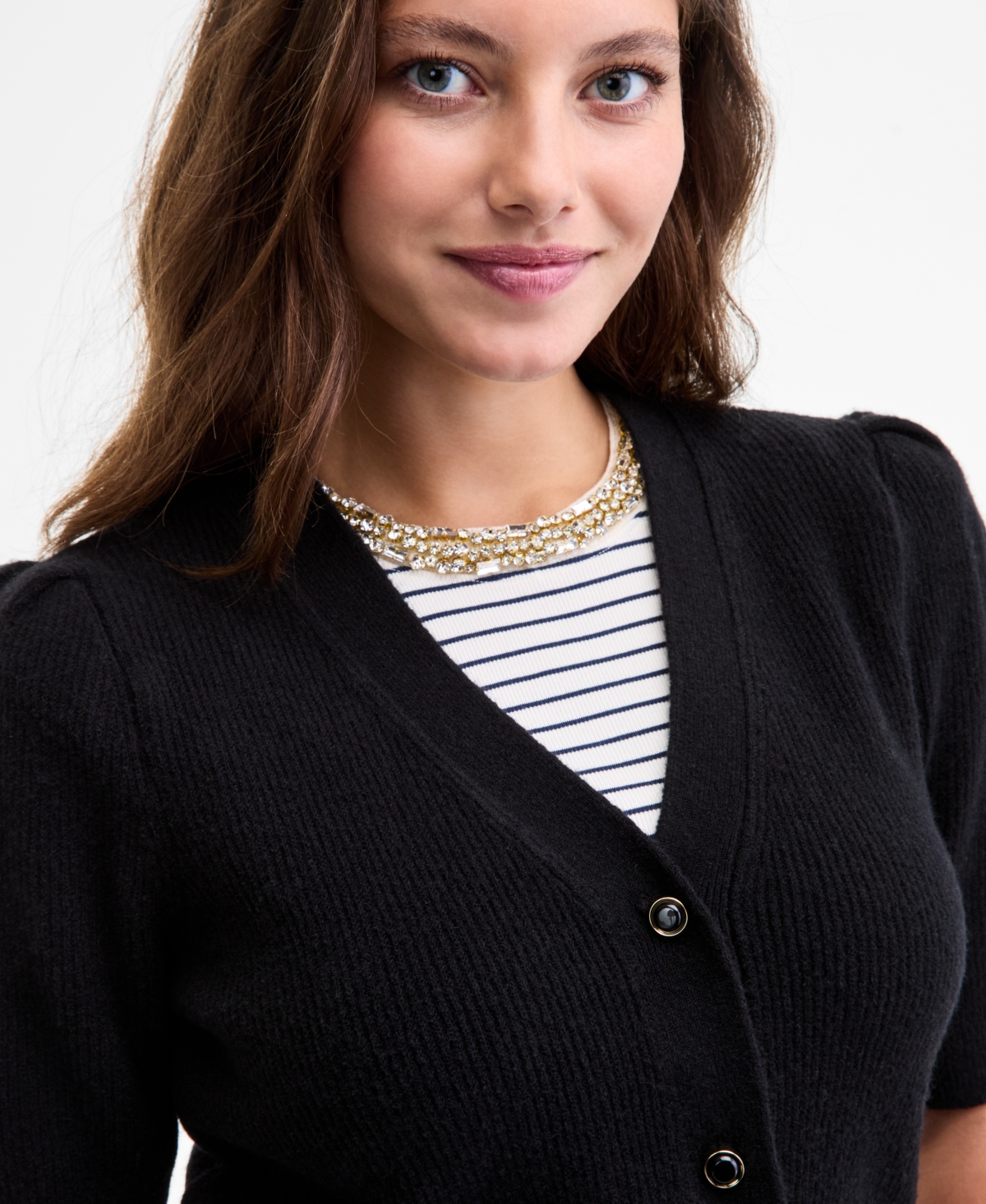 On 34th Women's Puff-sleeve V-neck Cardigan, Macy's Exclusive In Black