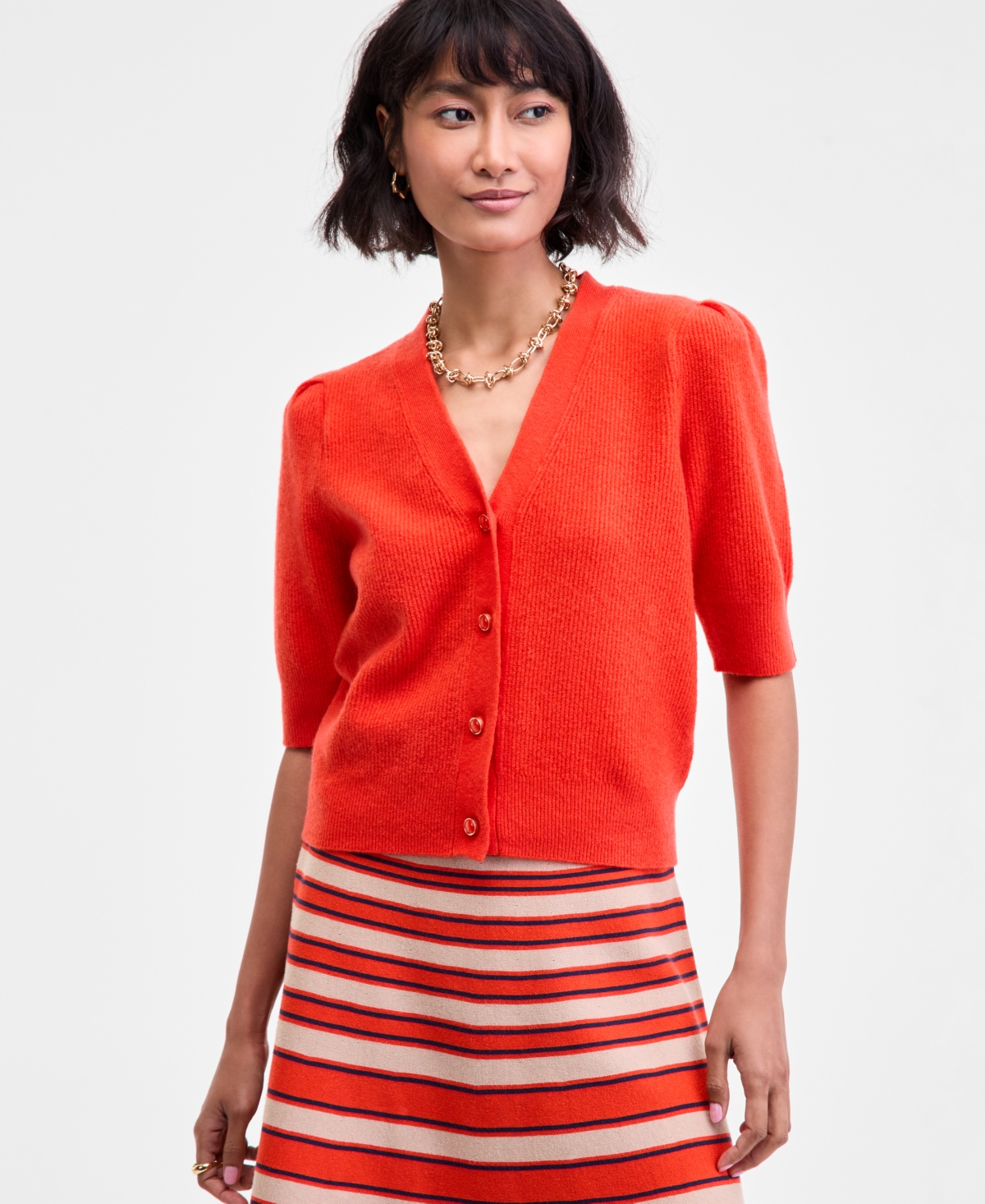 On 34th Women's Puff-sleeve V-neck Cardigan, Macy's Exclusive In Red