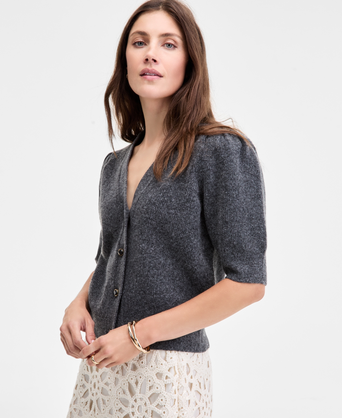 On 34th Women's Puff-sleeve V-neck Cardigan, Macy's Exclusive In Gray