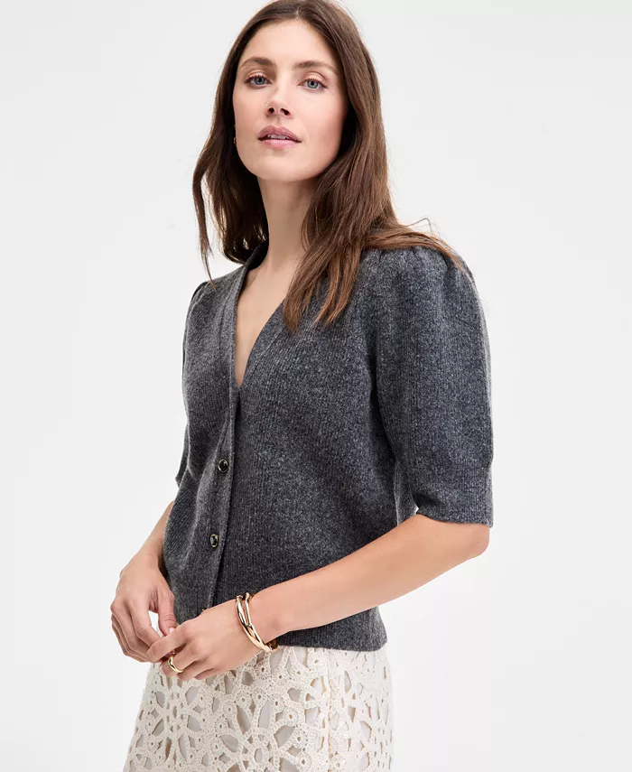 Women's Puff-Sleeve V-Neck Cardigan - thumbnail 10